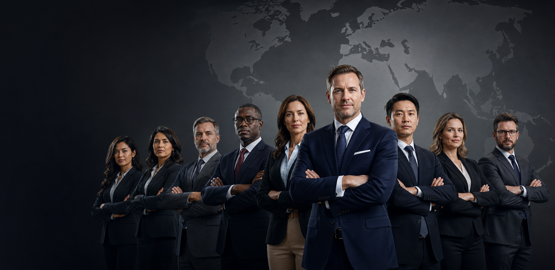Enterprise leadership team in front of a global map