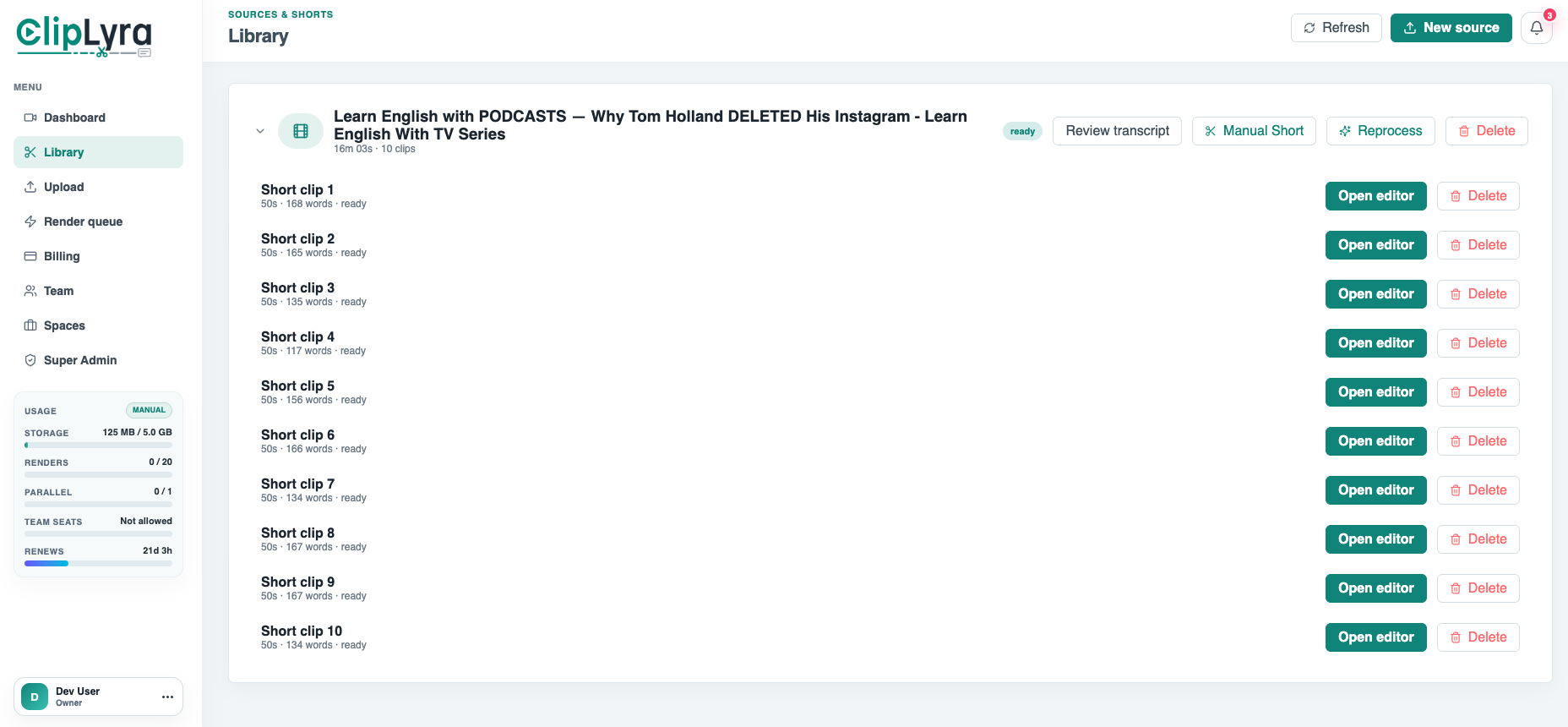 Library view showing source-to-short relationships and editor actions for each generated clip.