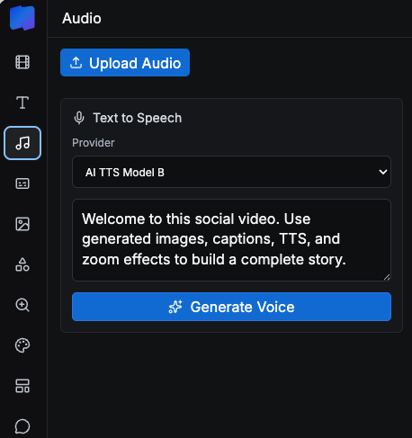 Audio panel with upload and AI text-to-speech generation.