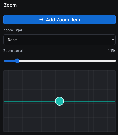 Zoom item controls with zoom type, level, and target grid.