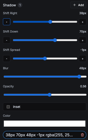 Shadow stack controls for offset, spread, blur, opacity, inset, and color.