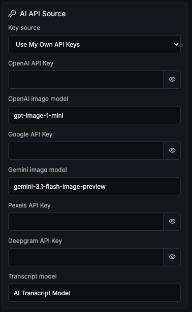 BYOK mode for OpenAI, Google/Gemini, Pexels, Deepgram, and transcript model settings.