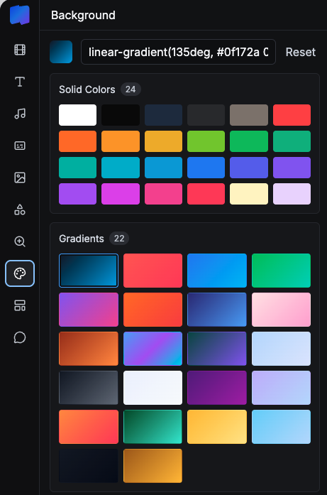 Background panel with solid colors and gradient swatches.