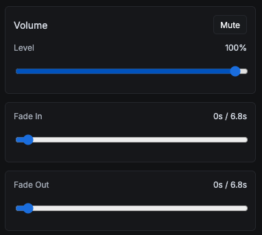 Volume, mute, fade-in, and fade-out controls for audio/video layers.